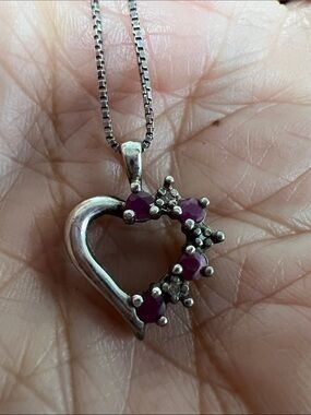 Sterling Silver Heart Pendant Necklace ruby and diamonds
